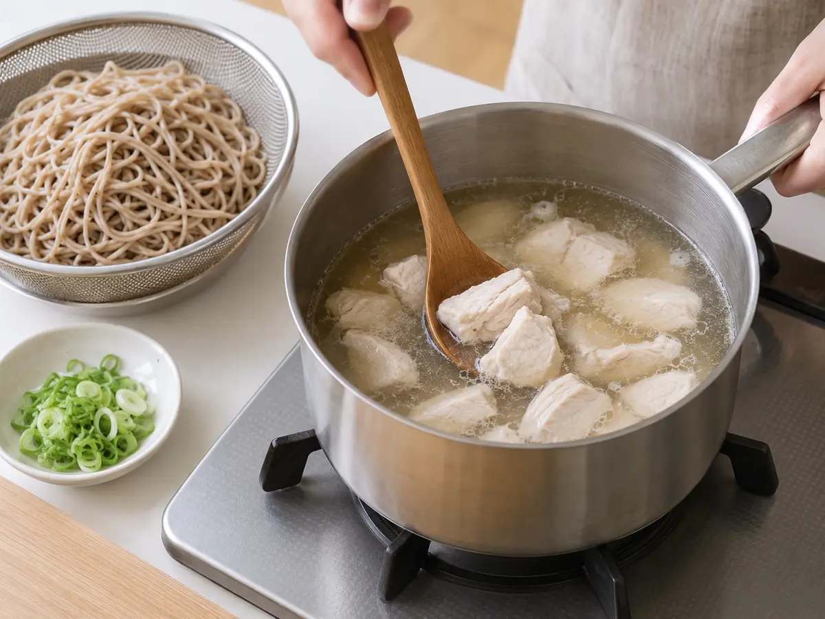 塩麹と和風だしのつゆで鶏むね肉を煮る工程