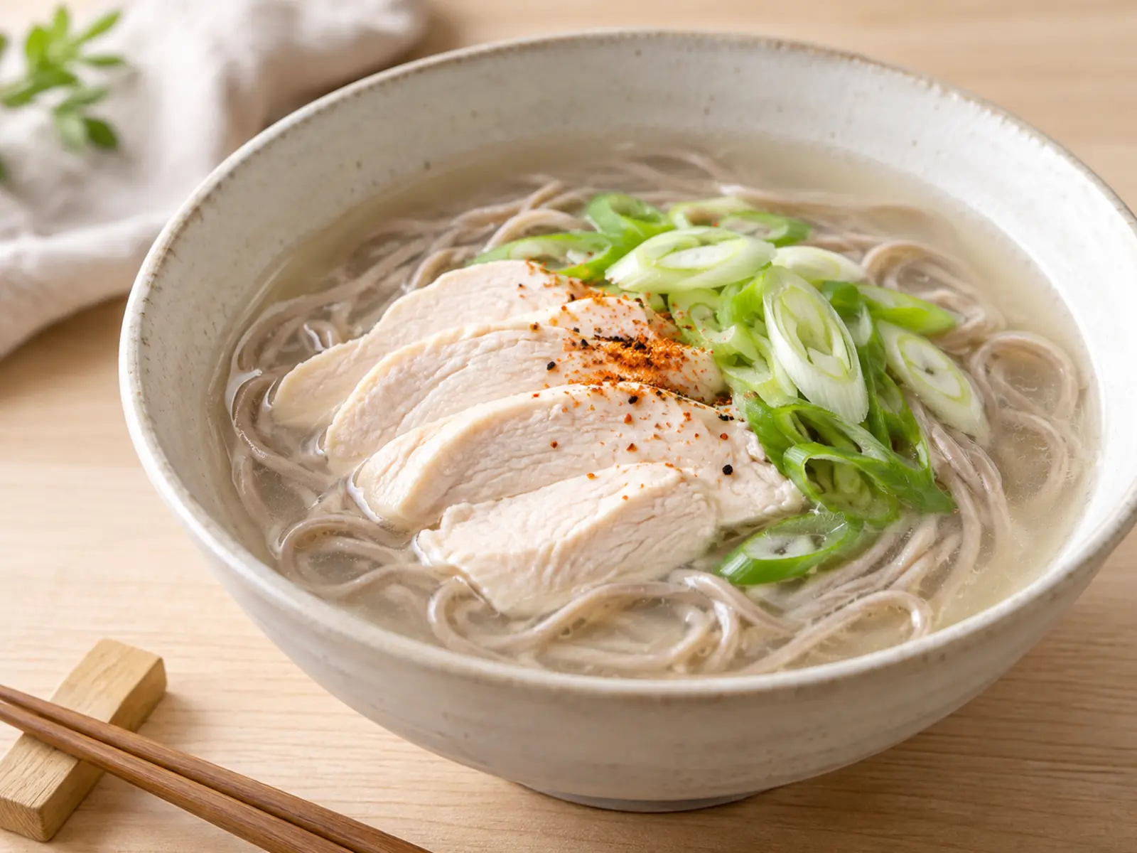 生成り色の器に盛った鶏むね肉とねぎの塩麹そば