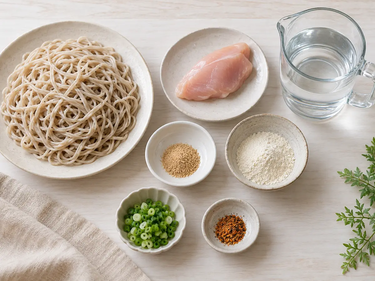 ゆでそば、鶏むね肉、和風だし、粉末塩麹、水、ねぎ、七味唐辛子