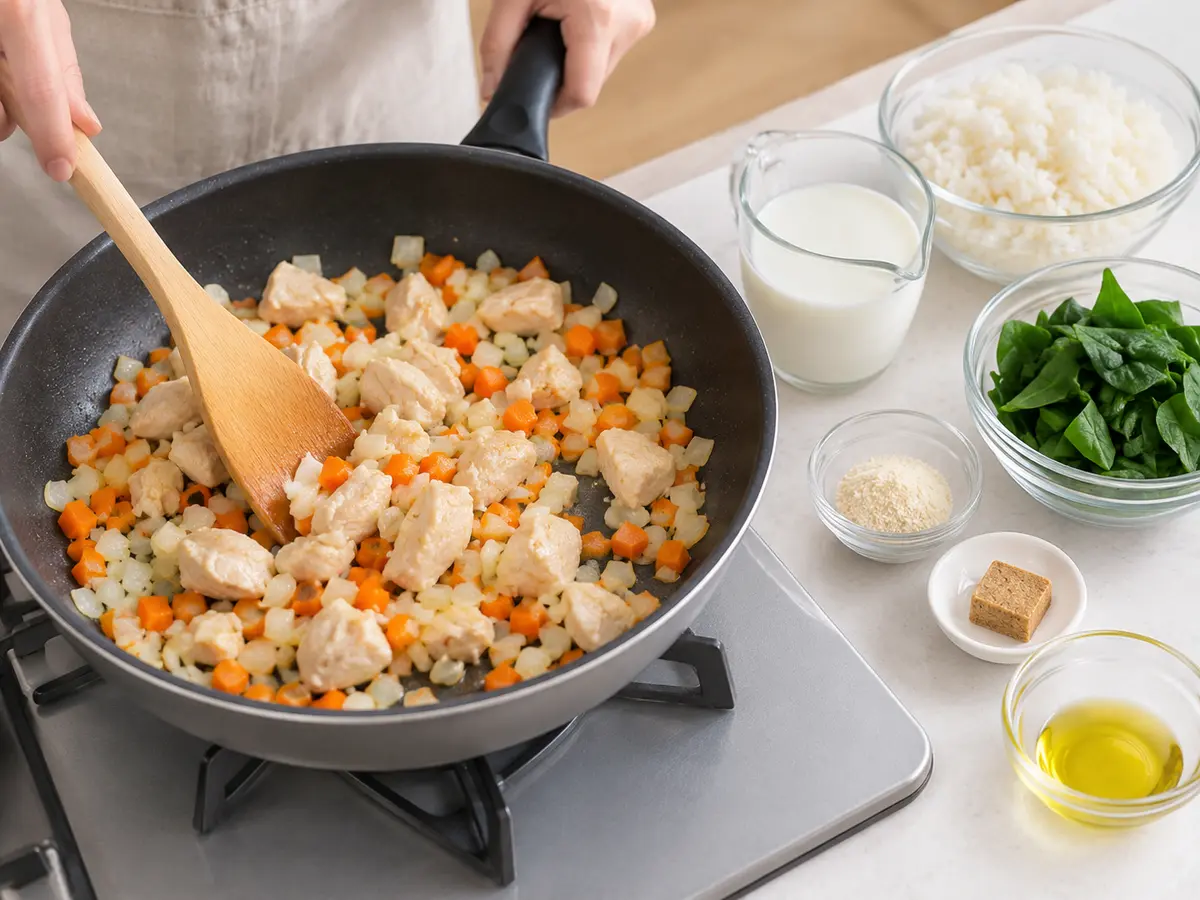 玉ねぎ、にんじん、鶏肉をフライパンで炒める工程