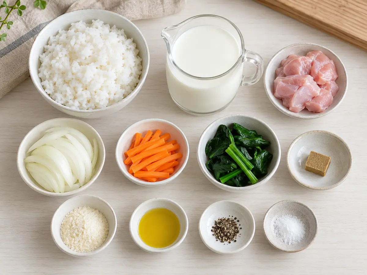 ごはん、牛乳、鶏肉、玉ねぎ、にんじん、ほうれん草、コンソメ、粉末塩麹、油、調味料