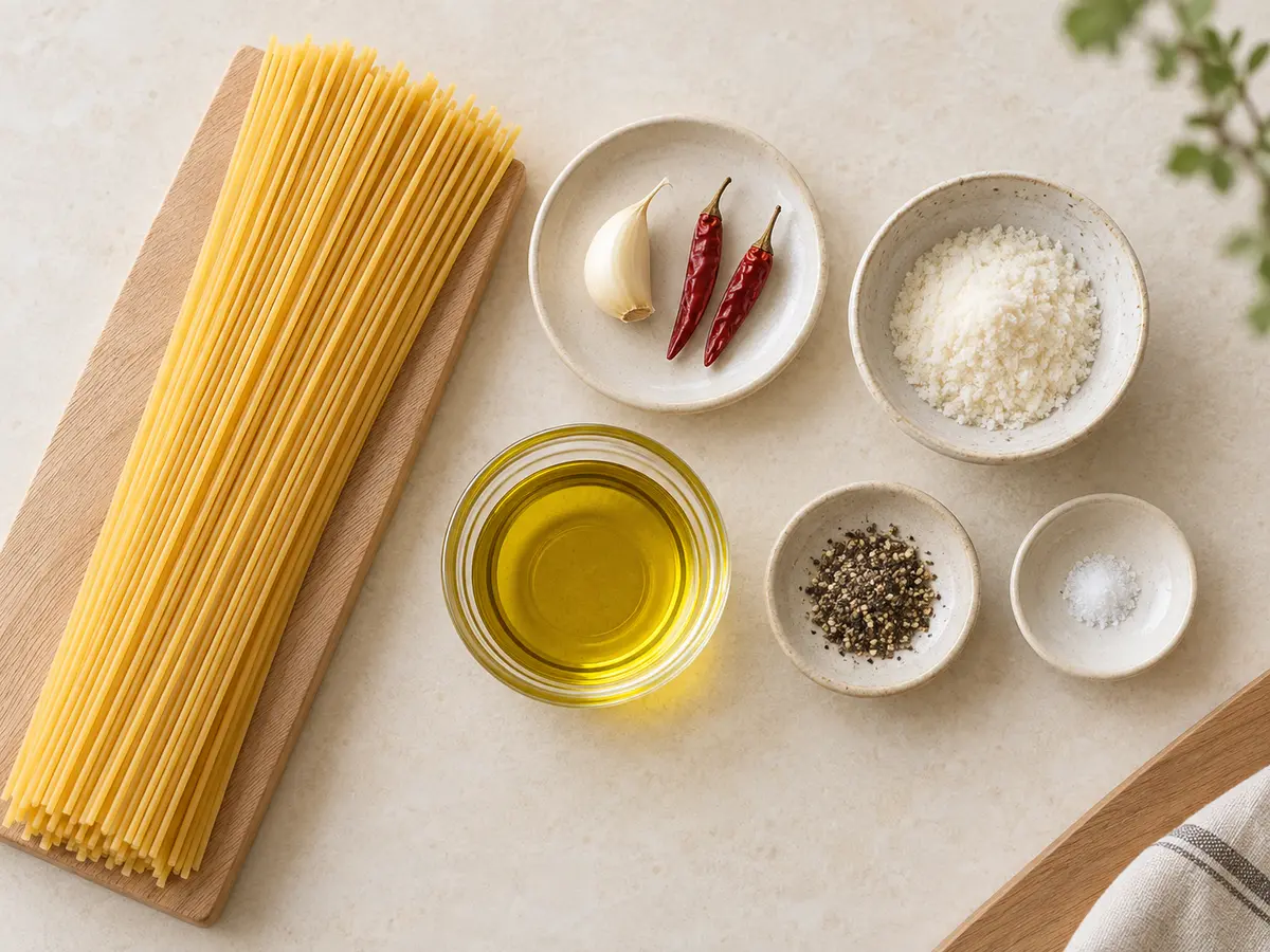 スパゲティ、にんにく、唐辛子、粉末塩麹、オリーブオイル、黒こしょうを並べた材料写真