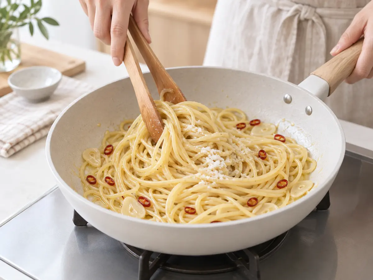 フライパンでスパゲティへ粉末塩麹を混ぜ合わせる工程