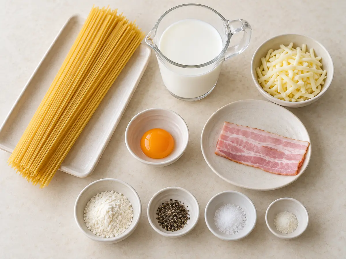 スパゲティ、牛乳、溶けるチーズ、ベーコン、卵黄、粉末塩麹を並べた材料写真