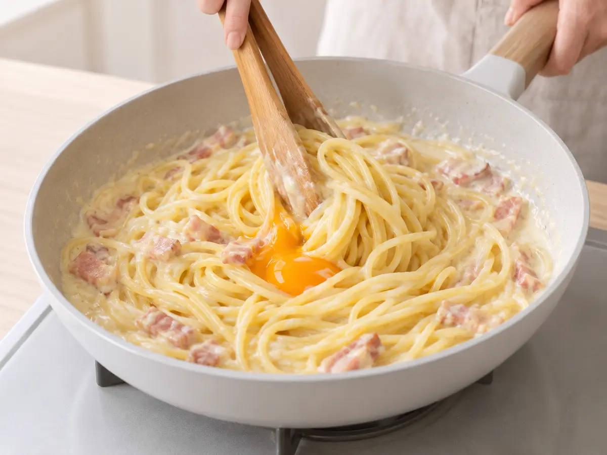牛乳とチーズのソースへスパゲティと卵黄を混ぜる工程