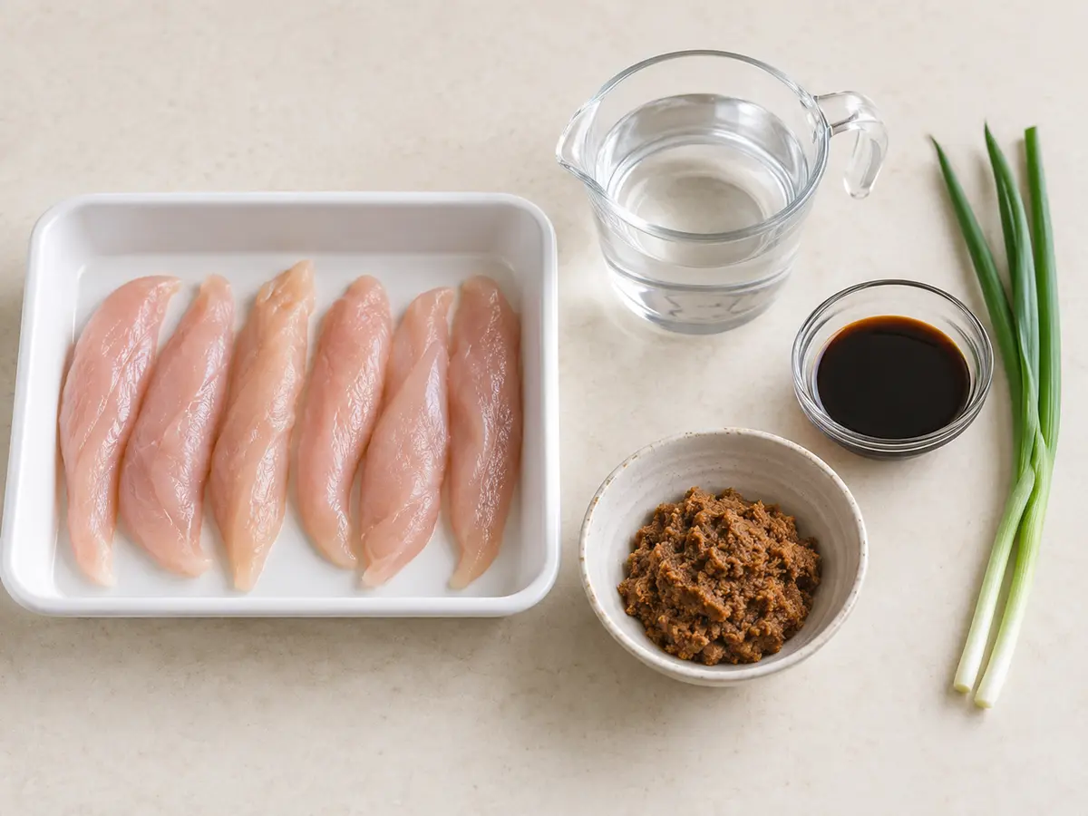 鶏ささみ、濃口しょうゆ、水、青ねぎ、ぬかみそ炊きの素を並べた材料写真