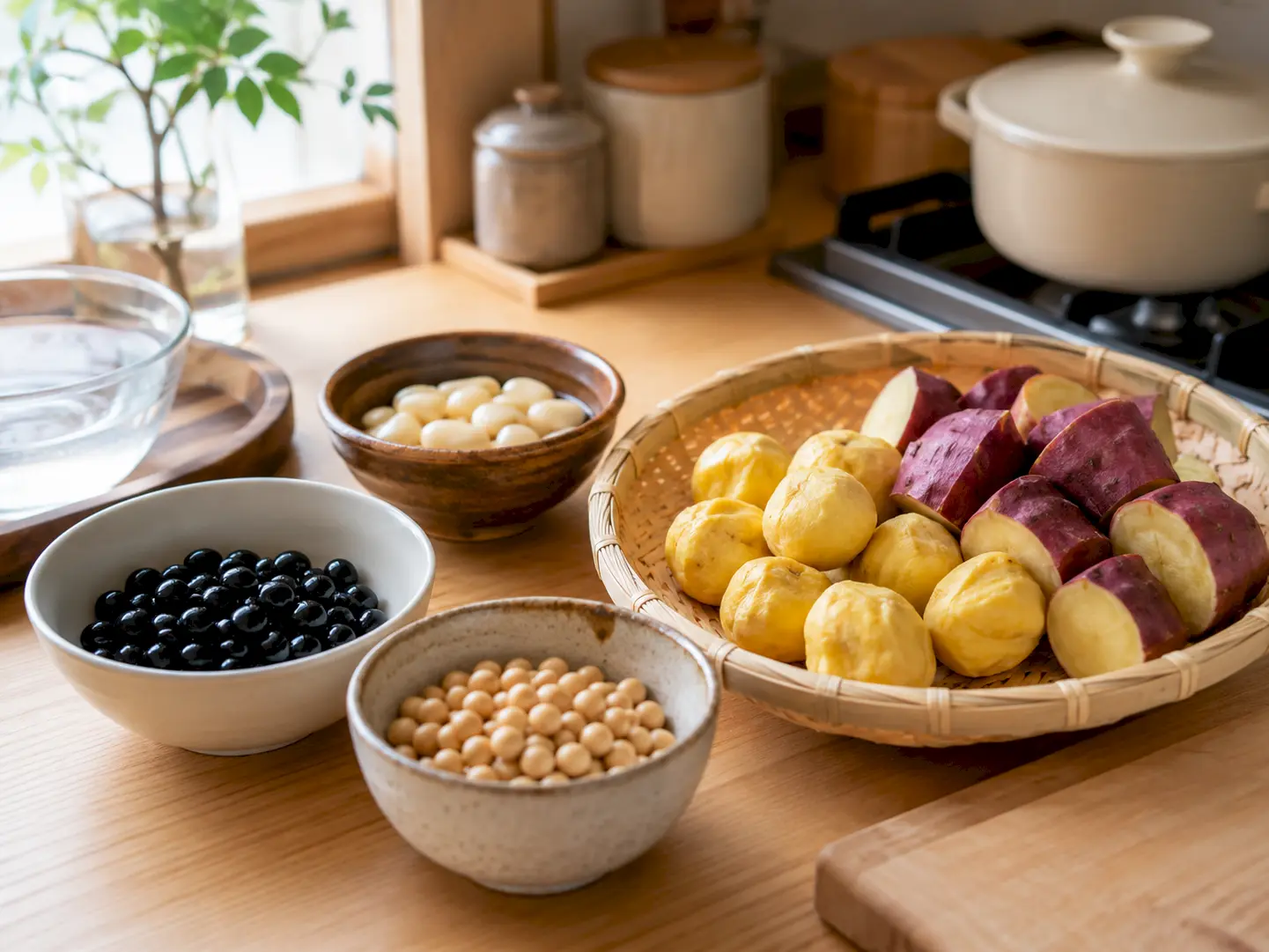 栗、芋、豆の煮物の下ごしらえイメージ