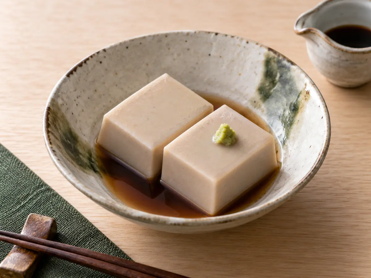 わさびとしょうゆを添えた手作り胡麻豆腐