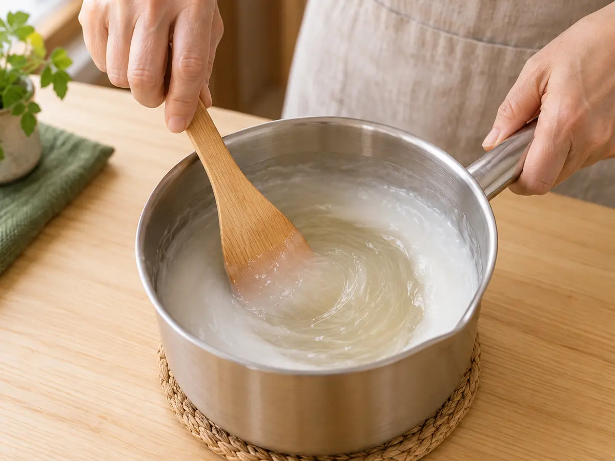 鍋の中で吉野葛を木べらで透明になるまで練る調理工程